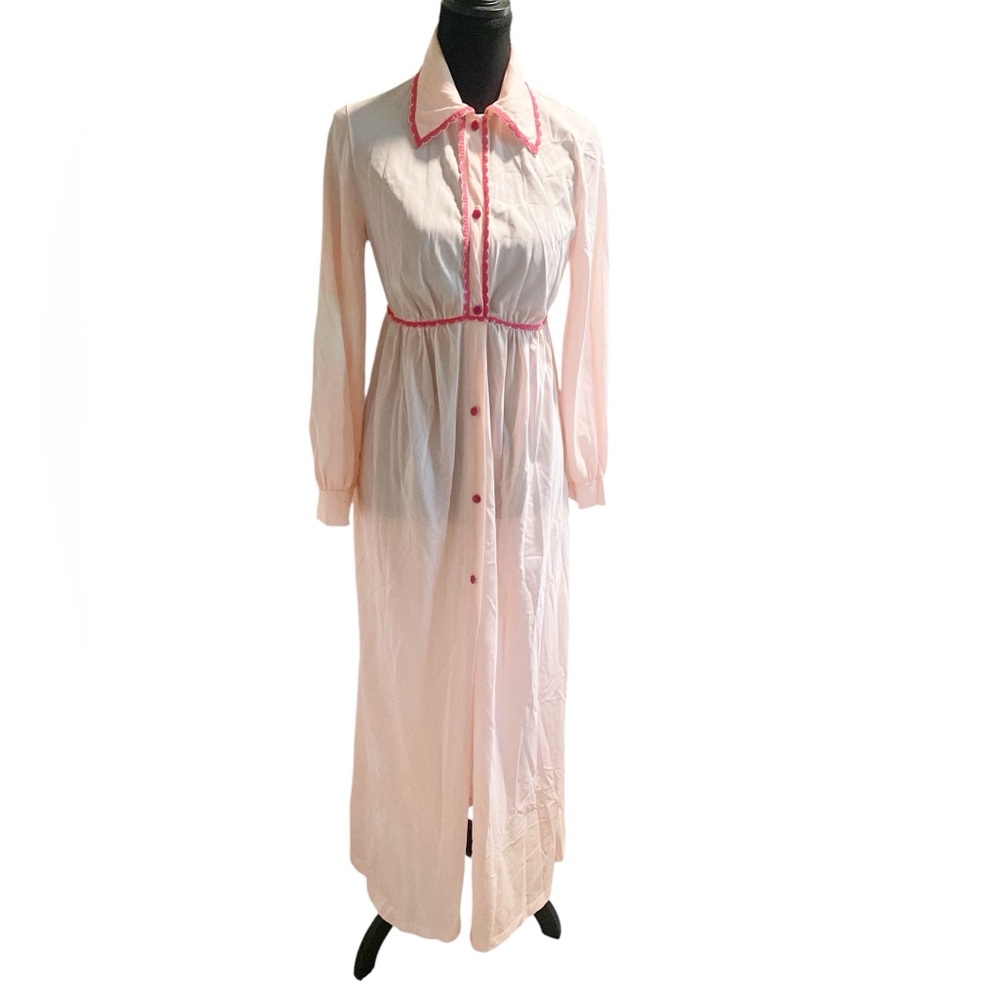 Vintage Light Pink Button-Up Nightdress with Contrast Trim Size Small